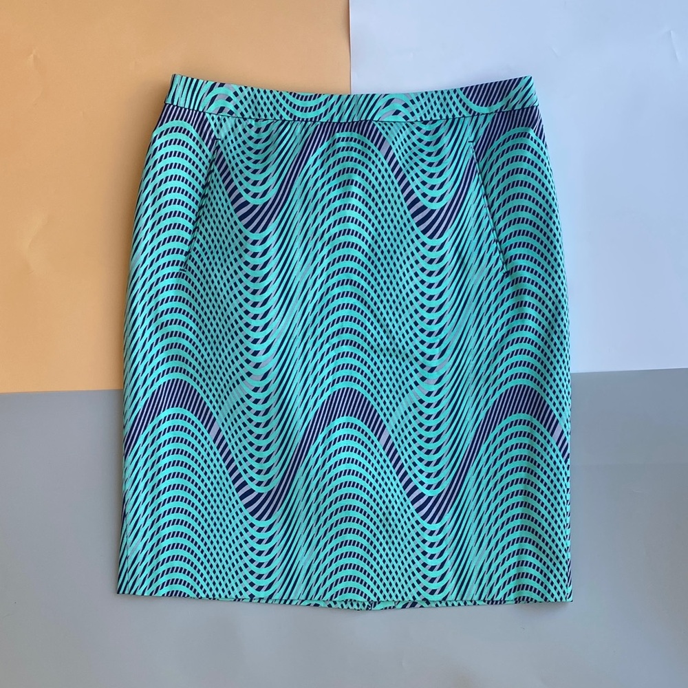 Halogen Aqua and Navy Wave-Print Pencil Skirt
